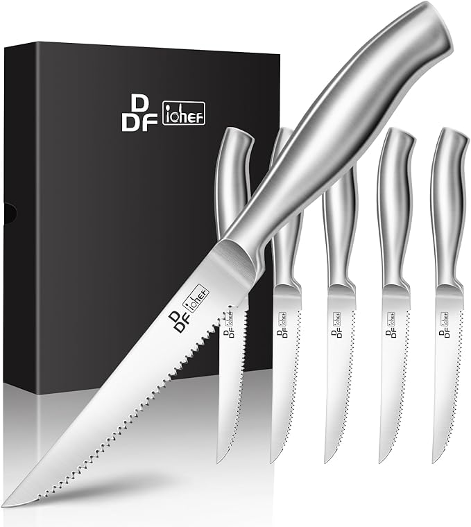 Steak Knives Set of 6, 4.5-Inch Serrated Steak Knives, Dishwasher Safe | Steak Knives High Carbon Stainless Steel, Serrated Knives with Ergonomic Hollow Handles, Silver, for Families & Restaurants