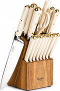 Martha Stewart Knife Block Set 16-Piece - Lockton High Carbon Stainless Steel Forged Full Tang Chef Knives, Acacia Wood Block, Triple Riveted Handles, Linen White & Gold
