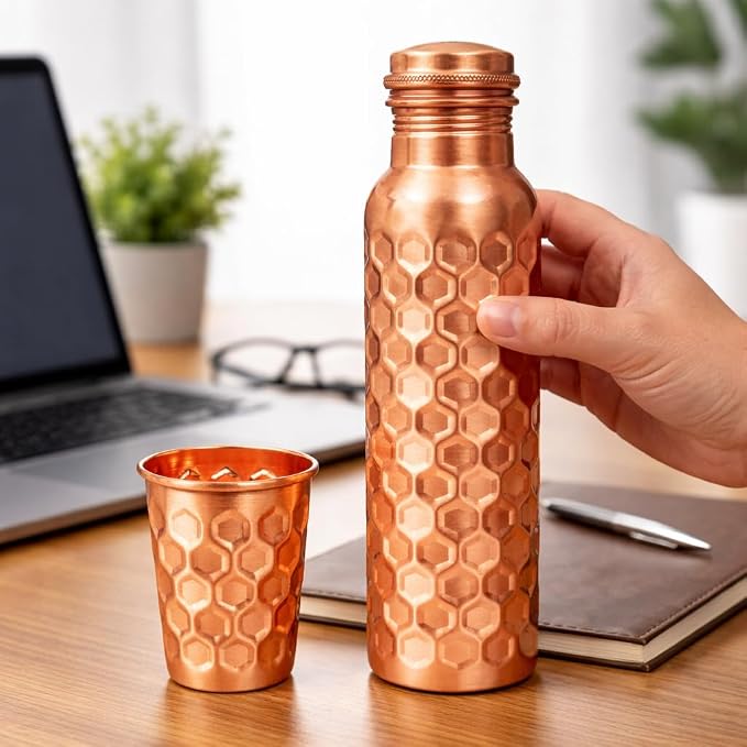 100% Pure Copper Water Bottle for Drinking, 32 Oz Large Diamond Ayurvedic Copper Bottle with Cleaning Brush, Leak-Proof Water Vessel_Diamond with Glass