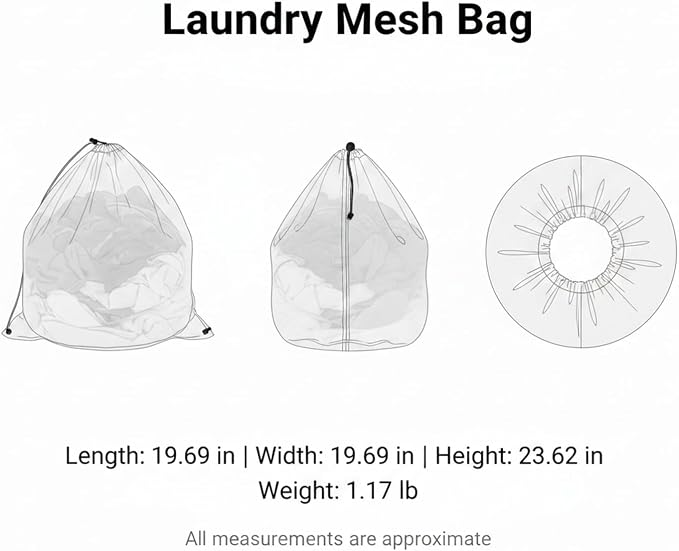 Laundry Mesh Bag with Drawstring, Polyester Net for Delicates, Lingerie, and Knits, White (1 PC)