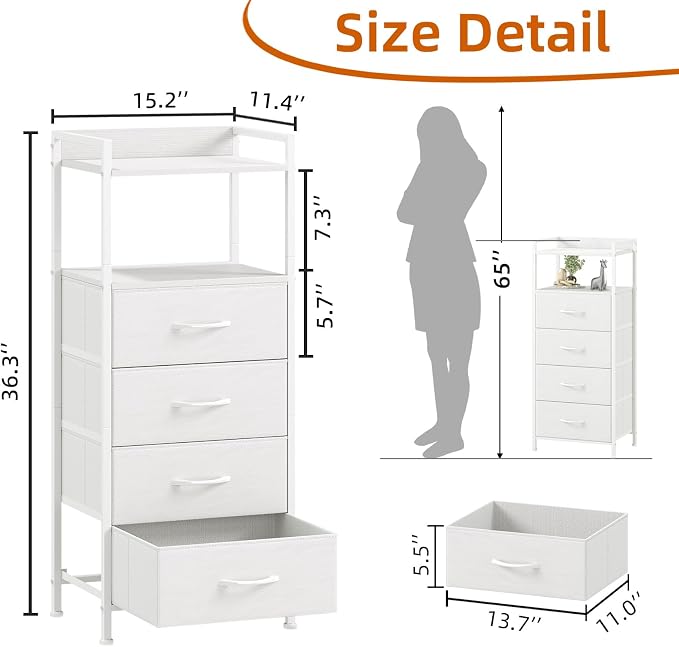 Somdot White Nightstand with 4 Drawers, Vertical Storage Tower Fabric Dresser for Bedroom, Bedside Table Furniture, Sturdy Steel Frame, Wooden Top & Easy Pull Fabric Bins