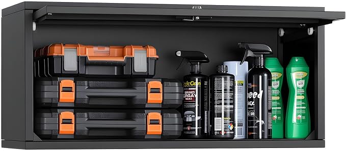 VEVOR Metal Wall Cabinet, 30.31W x 12.01D x 14.02H Inch, Floating Garage Tool Cabinet with Up-Flip Door, 120 lbs Load per Shelf, Fit for Garage, Basement, Kitchen, Warehouse, Assembly Required