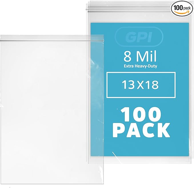 GPI - 13" x 18" Ultra Heavy-Duty Zip Bags, Extra-Large 8 Mil Thick Reclosable Puncture-Resistant Plastic Zipper Baggies, Resealable Poly Zip Top Bag for Construction, Tools & Sharp Objects. 100 Count
