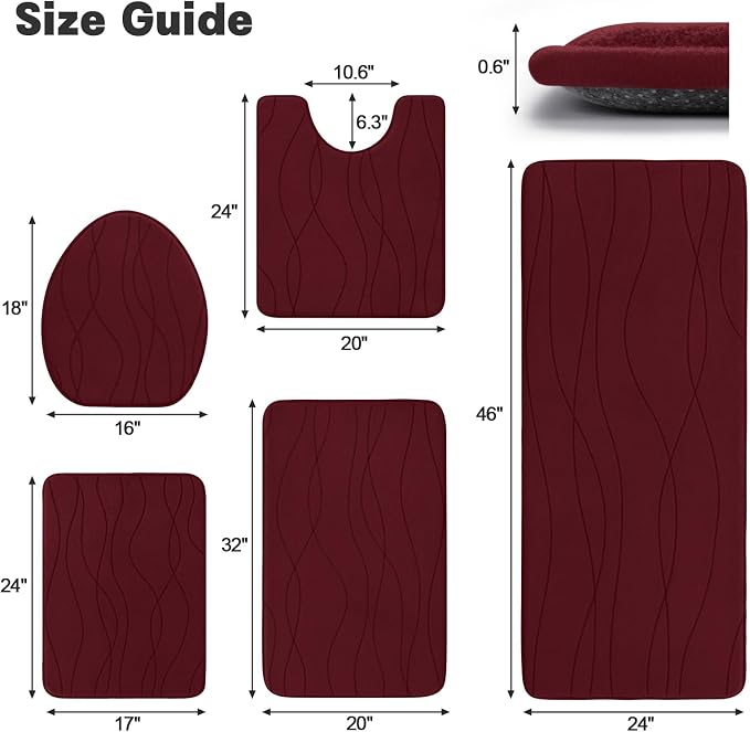 YIHOUSE Bathroom Rugs Set 5 Piece, Memory Foam Bath Mat Red | Ultra Soft, Absorbent, Non-Slip, Machine Washable, for Bathroom, Sink and Toilet