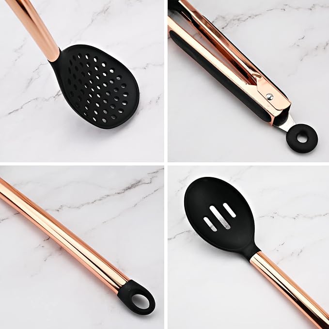 Silicone Cooking Utensil Set with Measuring Cup Spoon, 16 Pcs Non-stick Kitchen Utensil, Heat Resistant Cookware, Silicone Kitchen Tools Gift with Rose Gold Stainless Steel Handle
