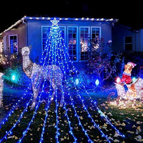 Aokudoni Christmas Decorations: 12.6 FT 350 LED Waterfall Lights 8 Modes Outdoor Christmas Lights for Xmas Tree House Yard Porch Patio Garden Decor, Blue