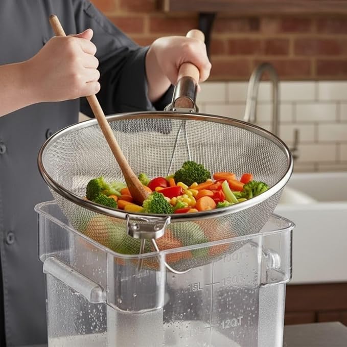 Soro Essentials- 14" Double Tinned Coarse Mesh Strainer with Reinforced Bands Pan Hook Wooden Handle- Food Sieve Strainer Kitchen Mesh Strainer Utensil for Cooking Rice Quinoa Pasta Fruits Vegetable