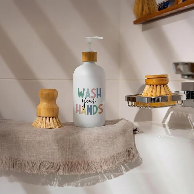 Kids Bathroom Soap Dispenser, Wash Your Hands Bathroom Countertop Hand Soap Dispenser with Pump, Colorful Boho Toddler Decor Handsoap Refillable Glass Pump Bottle Container
