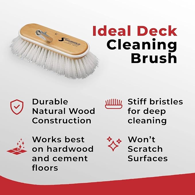 Shurhold Classic Deck Brush – Boat Cleaning Brush with Wood Block, Rubber Bumper & Durable Bristle Design