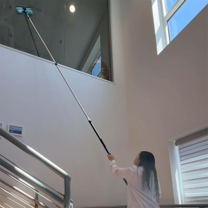 25ft 2 Cobweb Dusters, 18ft Extension Pole, High Ceiling Cleaning Tool | Fan Cleaner , 3-in-1 Window Squeegee Kit, Heavy Duty, Household Cleaning Gloves