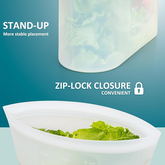 8-Pack Reusable Silicone Food Storage Bags, 100% Silicone Stand-Up Wide-Open Zip-Lock Reusable Storage Bags for Food, Freezer Microwave Oven Dishwasher Safe, Translucent, 2XL(0.8 Gallon) 2M 2S 2XS