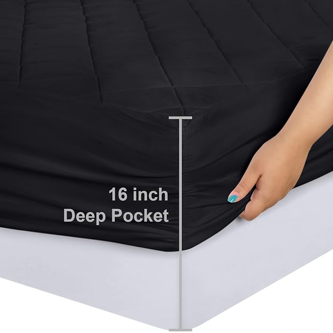 Quilted Fitted Mattress Pad, Twin Mattress Protector Topper with Deep Pocket Stretches up to 16 Inches, Machine Washable Mattress Cover by Utopia Bedding (Black)