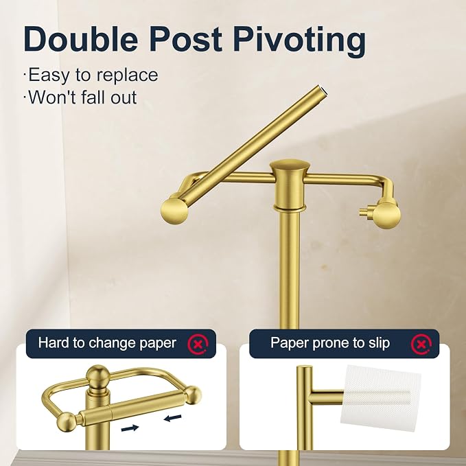 Bathroom Toilet Paper Holder Stand, Brushed Gold Toilet Paper Holder Free Standing, Stainless Steel Pivoting Toilet Tissue Roll Holder，Adjustable Height (14.76'' to 23.36'') Paper Holder