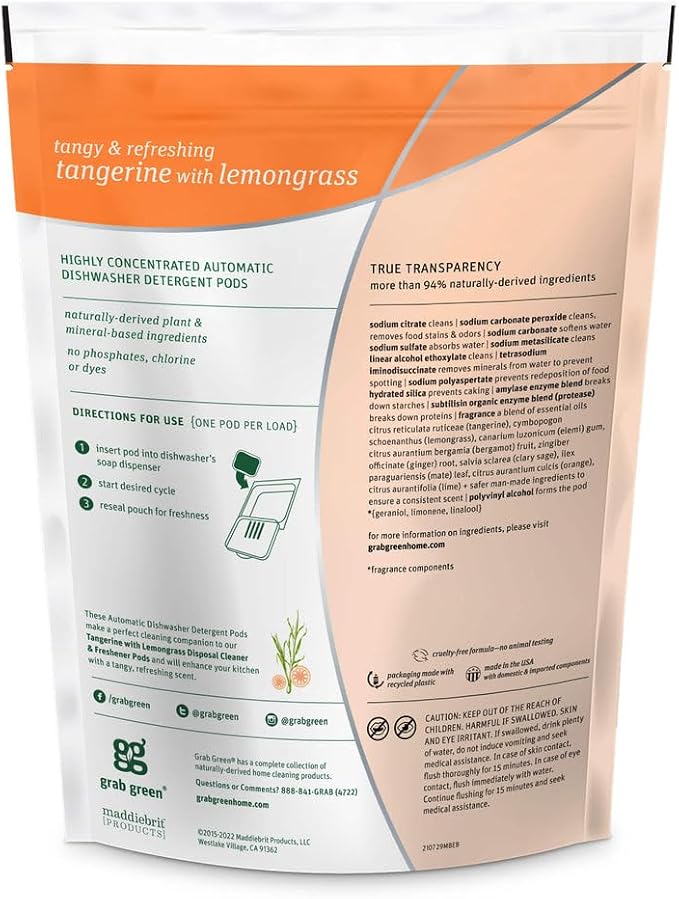 Grab Green Dishwasher Pods, 24 Count, Tangerine with Lemongrass | Plant & mineral based; Enzyme-powered; Velcro Closure; No Harsh Chemicals; Removes Grease and Stuck on Food