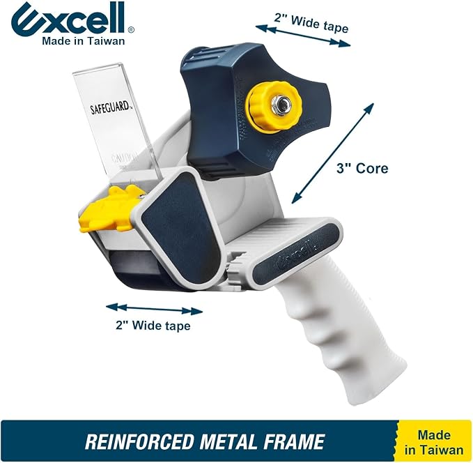 Excell Safeguard Packing Tape Dispenser with 1 Roll Transparent Tape, 2 Inch Wide Tape Gun with Pushflap Technology for Effortless Packaging, Box & Carton Sealing | Retractable Blade Cover for Safety, one-Hand use. Ideal for Shipping and Carton Sealing...