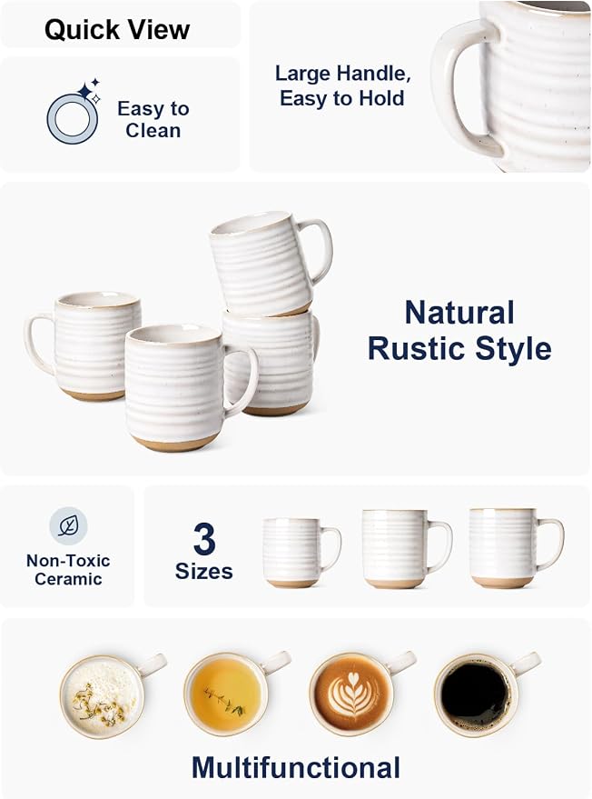LE TAUCI Coffee Mugs 15 oz, Ceramic Coffee Cups for Latte, Hot Tea, Cappuccino, Mocha, Cocoa, Housewarming Wedding Present Mug Set - Set of 4, Arctic White