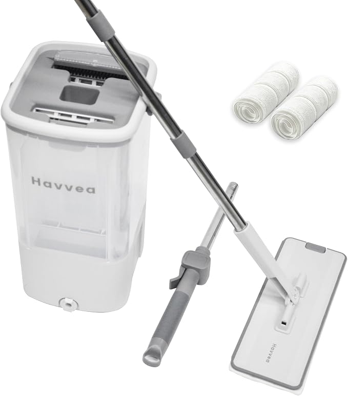Flat Mop and Bucket System with Wringer Set, Wet Dry Separation Mop and Bucket Set for Hardwood, Vinyl Tile Floor, Wall Cleaner Mop for Household&Commercial Cleaning (Grey)