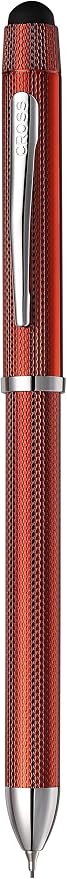 Cross Tech3+ with Sophisticated Brushed Red Diamond Pattern Finish Barrel, 0.5mm Pencil, Black and Red Ink Refills, Interchangeable Cap Tops in Premium gift box