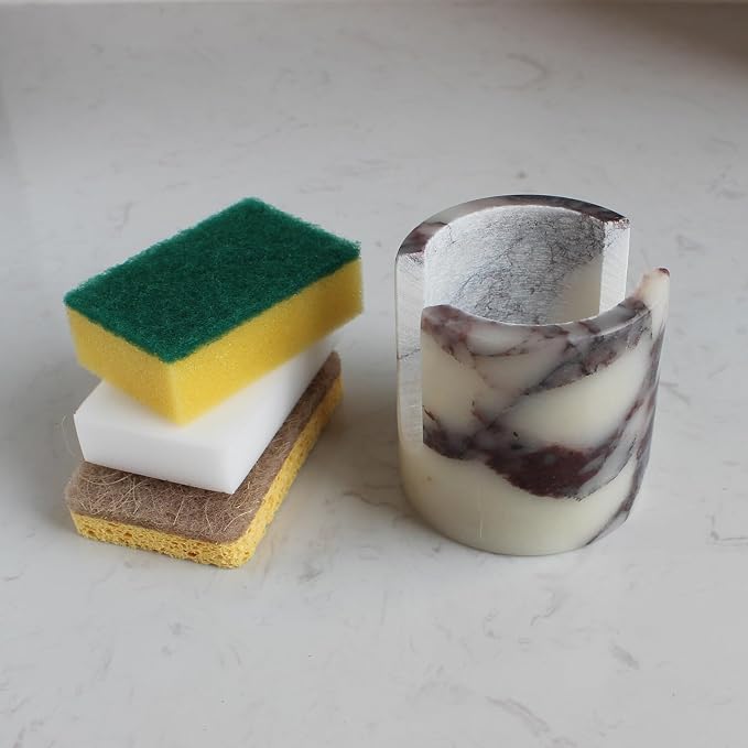 Natural Travertine Marble Sponge Holder for Kitchen Sink, Drying Rack, Compact Sink Caddy Organizer - Calacatta Viola Marble
