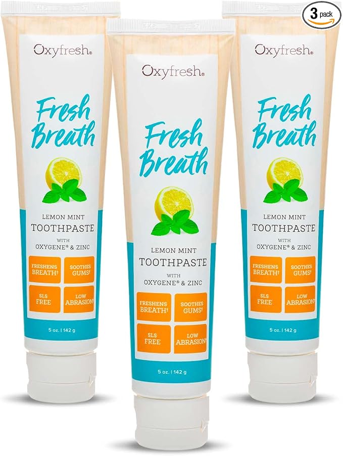 Oxyfresh Premium Lemon Mint, Fresh Breath Toothpaste – Essential Oils | Helps Fight Bad Breath, Anti Plaque & Tartar Control – Low Abrasion Gel, SLS & Fluoride Free Toothpaste with Essential Oils