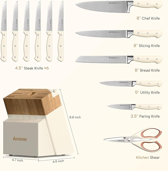 Knife Set,Astercook Kitchen Knife Set with Block 14-Piece Full Tang Stainless Steel Knives with Sharpener Dishwasher Safe and Anti-Slip Ergonomic Handle Utensils Set