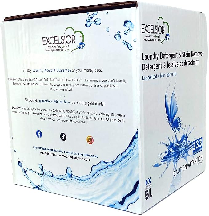 Excelsior HE Laundry Detergent Liquid Fragrance Free Concentrated 333 Loads 5 Liter With Natural Stain Remover, High Efficiency Washing Detergent Laundry Soap Bulk Works In All Washers Unscented