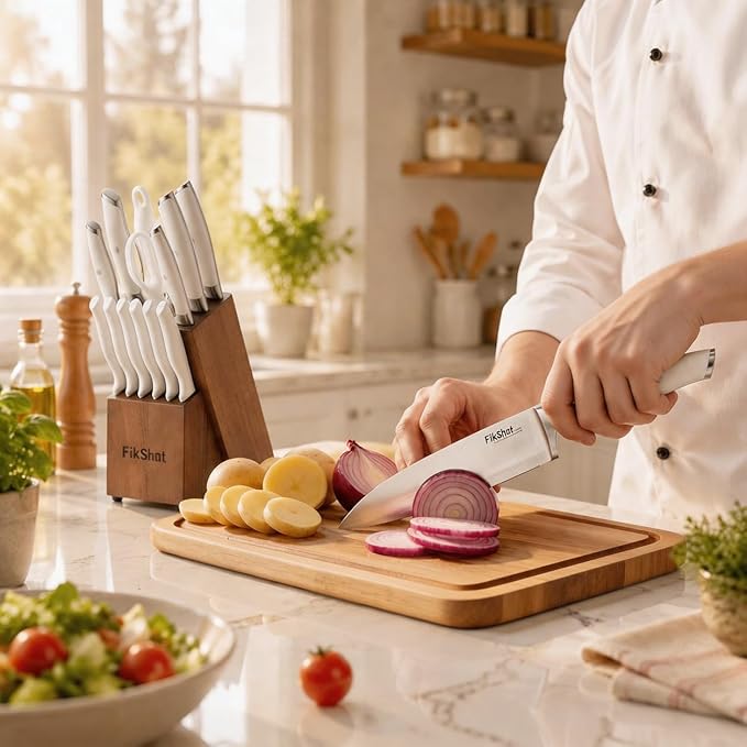 Fikshot 14-Piece Knife Set – German High Carbon Stainless Steel, White | Professional Chef Knives with Block & Sharpener, Dishwasher-Safe, Modern Kitchens, Ideal Gift for Chef & BBQ Festival
