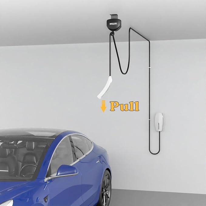 EV Charger Cable Retractor - 11.5ft Ceiling Mounted Automatic Retractable Cable Organizer for Electric Vehicle Charging, Universal Fits 95% of EV Charging Cables