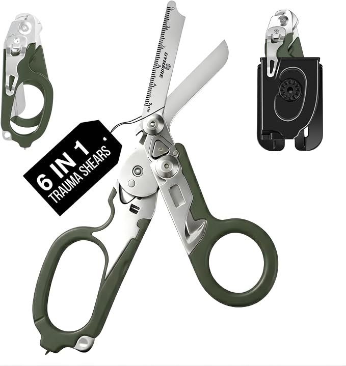 Heavy Duty 6 in 1 Multifunctional Trauma Shears Foldable | Stainless Steel emergency response scissors | Survival Shears with Holster | Medical Trauma shears Tactical With Strap Cutter | Green