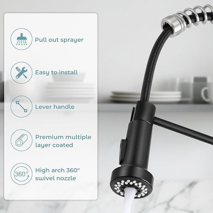 Kitchen Faucet with Pull Down Sprayer Black&Brush Nickel | 2-mode sprayer, 360° high arc spout, 304 SS build, drip-free valve, fingerprint-resistant, DIY install, NSF certified