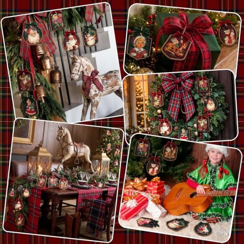 Huwena 36 Pcs Vintage Christmas Tree Ornaments, Plaid, Red Green