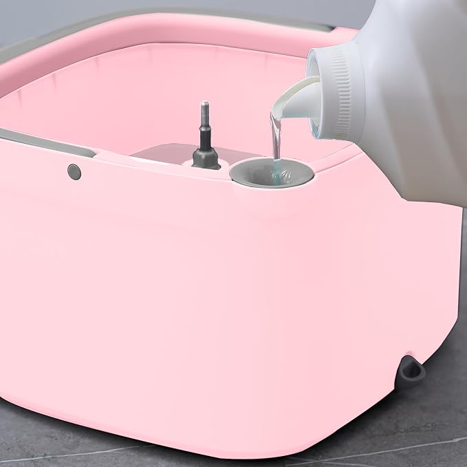 Square Spin Mop & Bucket System, 2pc Machine Washable Pads, Pink