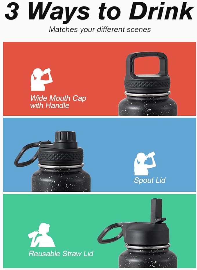Coolflask Water Bottle 32 oz Insulated with Straw, Stainless Steel Metal 3 Lids Water Flask Wide Mouth for Sports or Office, Non-BPA Keep Cold Up to 48 Hrs or Hot Up to 24 Hrs, Starry Night