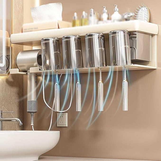 Toothbrush Rack Self-Adhesive Wall-Mounted Toothbrush Holder Cream Bathroom Storage Rack Toothpaste Holder Can Hold Hair Dryer Cosmetics Bathroom Toothbrush Holder(L36.3cm)