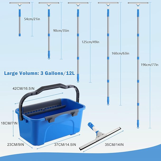 Mitclear Professional Window Cleaning Kit with Bucket 3 Gallon, 14" Window Squeegee Microfiber Scrubber with 77" Long Handle, Window Washing Equipment Cleaner Tools for Home Outdoor Car Commercial Use