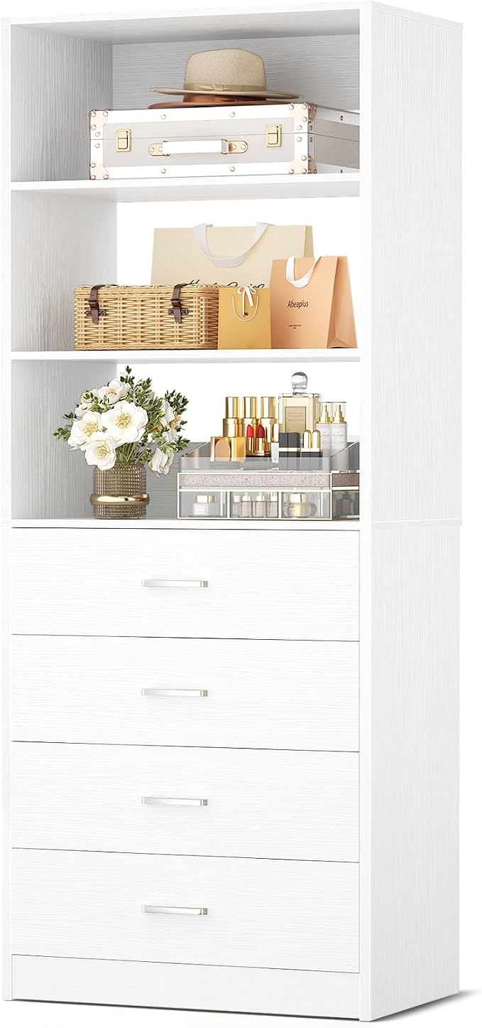 Aheaplus Closet Drawers System, 21.3" Wood Closet Organizer System with 4 Drawers, Modular Walk-in Closet System Storage Unit, Small Closets Wardrobe Rack, Tall Storage Cabinet Unit, White