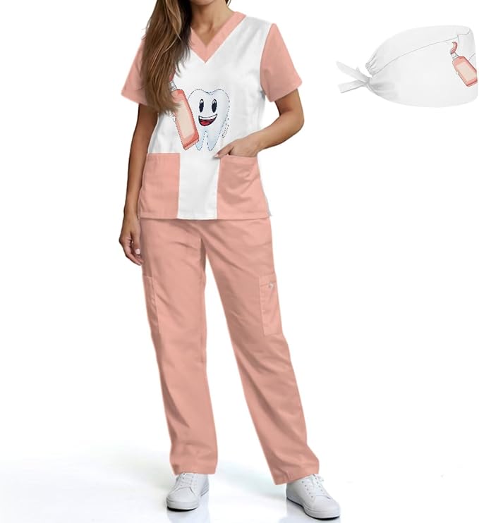 Gomyblomy Women's Scrubs Suit 3-Piece Set | Teeth Print V-Neck Top & Pants & Cap, Breathable and Stretch Fabric, S-5XL