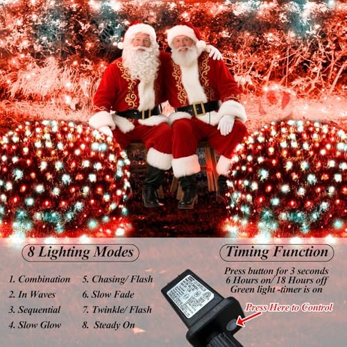 Lovelite Red White Net Lights Christmas Decorations, 21ft x 5ft 360LED Mesh Lights Outdoor Green Wire 8 Modes Timer, Waterproof Connectable String Lights for Bushes Xmas Tree Garden Holiday Party