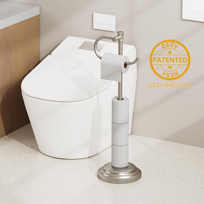 BESy Toilet Paper Holder Stand SUS 304 Free Standing Bathroom Tissue Holder with Storage Hardware Accessories Rack Hand Towel Bar Rustproof Lavatory Tissue Roll Holder Floor Modern Brushed Nickel