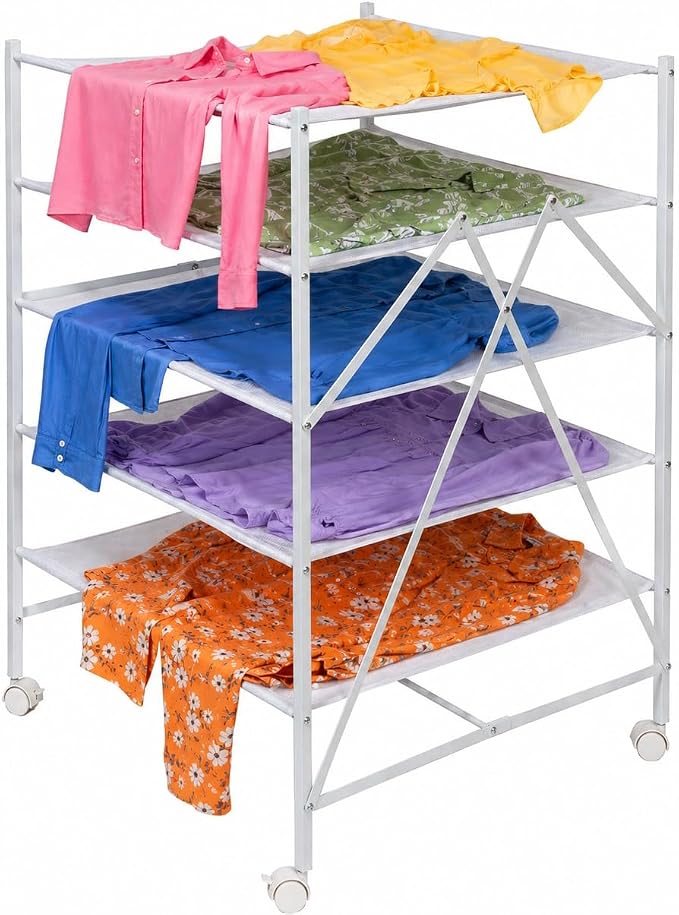 Honey-Can-Do 5-Tier Mesh Laundry Drying Rack with Wheels, Soft Nylon Flat Drying for Sweaters Delicates, Foldable Rolling Clothes Rack, 43 Linear Feet, Holds 30 lbs, White