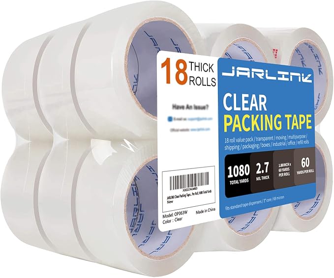 JARLINK 18 Rolls Clear Packing Tape, Heavy Duty Packaging Tape | 2.7mil Thick and 1.88" Wide. 60 Yards per Roll, 1080 Total Yards. Moving Supplies for Shipping Packaging Sealing