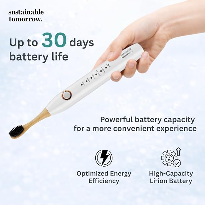 Sustainable Tomorrow Zen Bamboo Electric Toothbrush, Durable Wood-Grain ABS Handle, Rechargeable w/Plant-Based Soft Bristles, Bamboo Heads, 5 Modes & 30-Day Battery (White)
