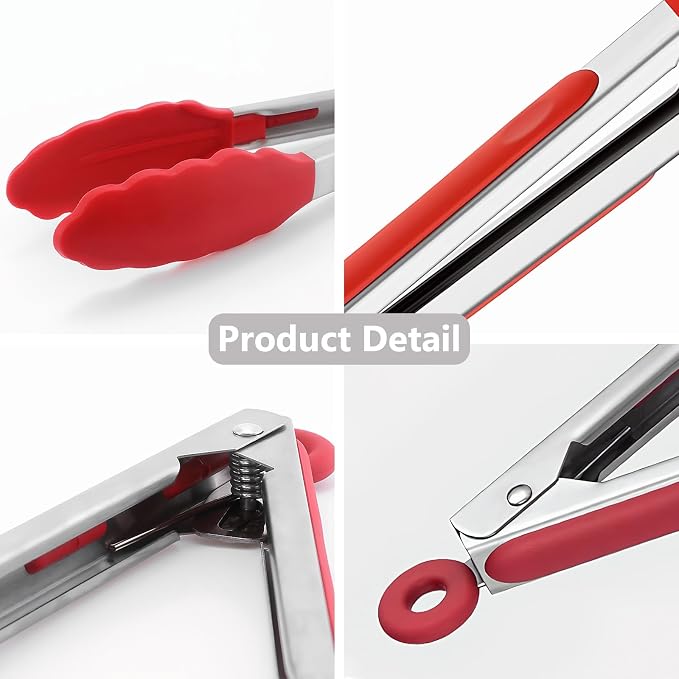 Kitchen Tongs for Cooking w Non-Stick Silicone Tips, 600°F Heat Resistant Silicone Cooking Food Tong Set Heavy Duty Stainless Steel Handle for Baking Grilling BBQ Salad Serving, 7" 9" and 12"