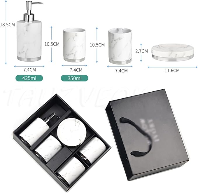 Soap Dispenser Set White, Set of 5 Bathroom Accessories, with 2 Toothbrush Cups, Soap Dish, Toothbrush Cup, Ceramic Soap Dispenser, for Bathrooms, Apartments, Dormitories,White d