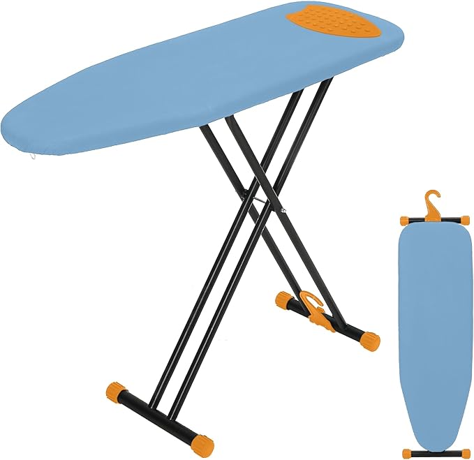 RAINHOL Compact Ironing Board Full Size 43x13 with Extra Thick Padded Cover, Height Adjustable Iron Board with Hanger, Easy to Fold Space Saver Design for Dorm Apartment Small Laundry Rooms, Blue