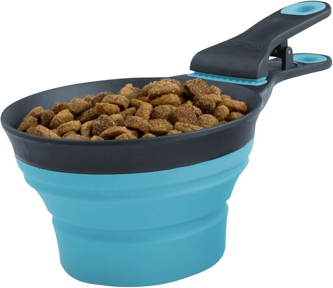 Dexas Popware for Pets Collapsible Klip Scoop, 3 in 1 Design Convenient Measuring Cup, Food Scooper and Bag Clip, 1Cup Capacity Pet Food Scoop, Versatile Food Measuring Cups Portion Control Gray/Blue