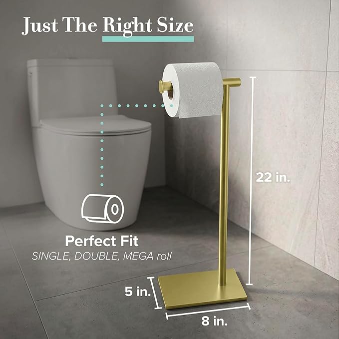 Gatco 1431B Freestanding Toilet Paper Holder Stand, Modern Bathroom Toilet Tissue Holder with Weighted Rectangle Base, Brushed Brass Finish, 22.25 Inch