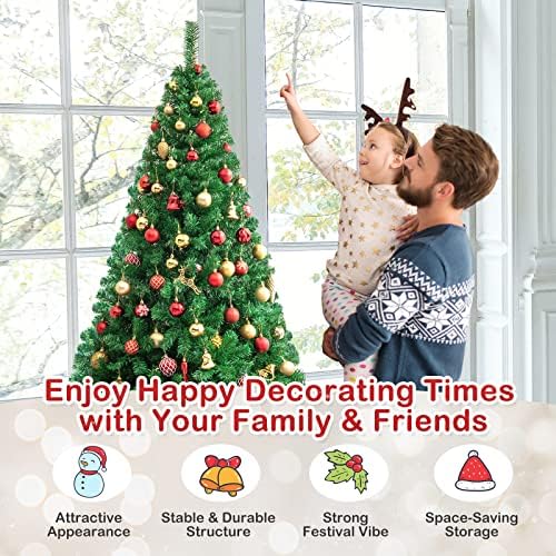 HAPPYGRILL 7FT Artificial Christmas Tree, Unlit Xmas Pine Tree, Metal Stand