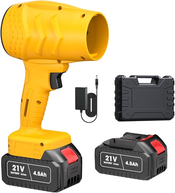 Electric Mini Leaf Blower, Powered Handheld Blower Leaf, Adjustable Wind Speed Cordless 21V Battery Blower with 2 Rechargeable Batteries and Charger, Toolbox, for Yard Leaf & Snow Removal(Yellow)