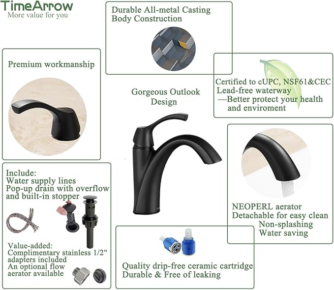 TimeArrow Bathroom Sink Faucet Matte Black, Single Handle Bathroom Faucet for 1 Hole with 3 Holes Deck Plate, Lavatory Vanity Faucets, Pop Up Drain and Water Supply Lines Included, TAF206-MB